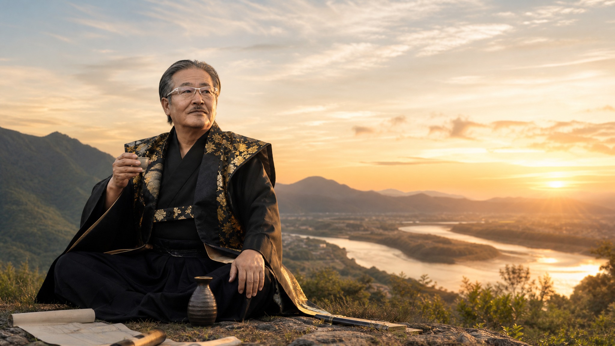 令和の虎を創始した大殿・岩井良明。夕日の丘に酒を傾け、これからの天下を眺む